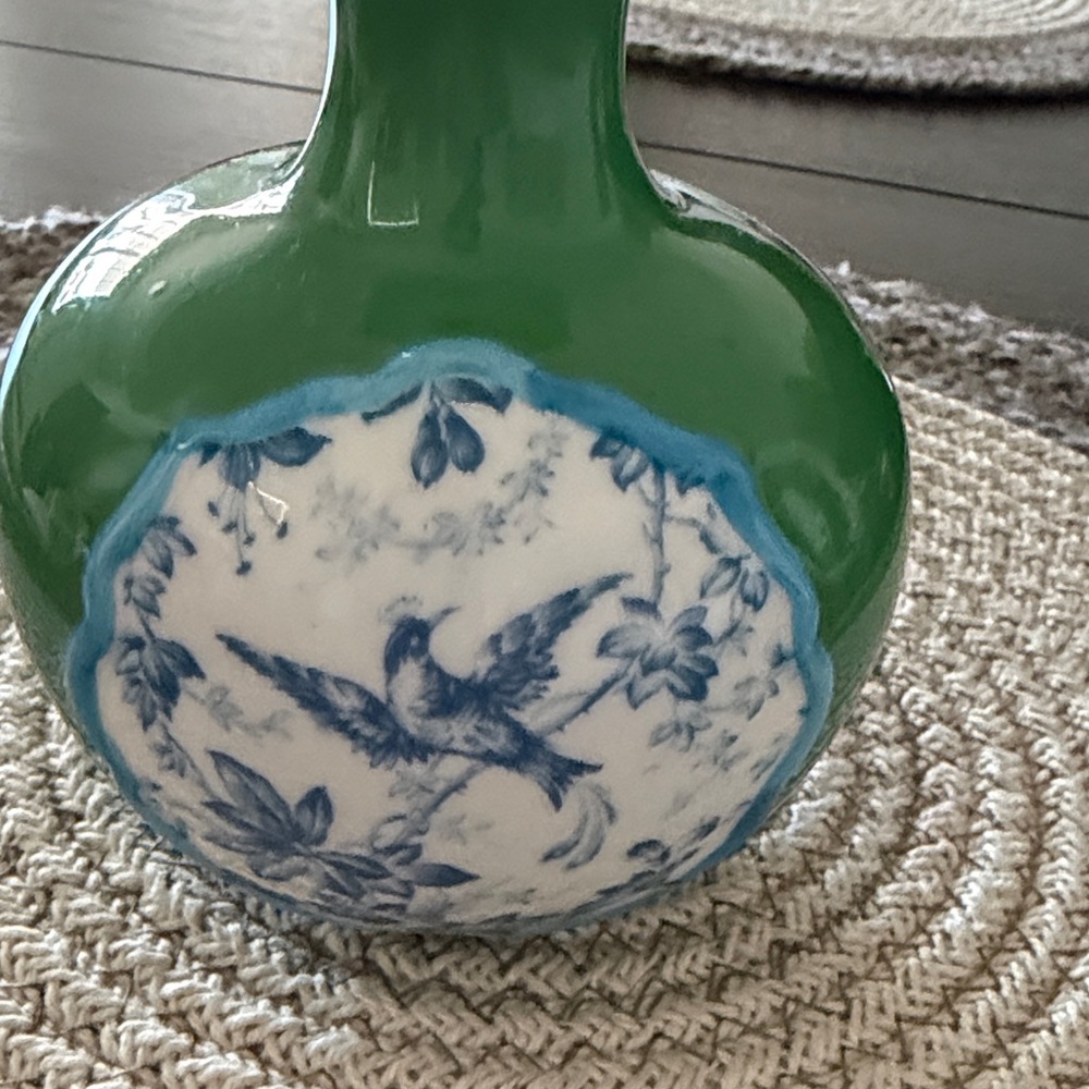 Green Ceramic Accent Vase with Blue Floral Bird Medallion - Picture 2 of 7